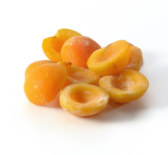 The image is showing half sliced apricots