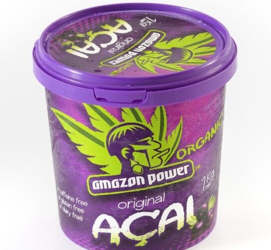 The image is showing a purple tub labelled with Amazon power-ACAI PUREE AND GUARANA