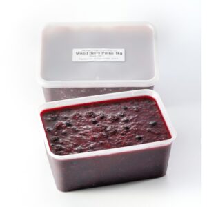 This image is showing 2 translucent boxes of mixed berry puree