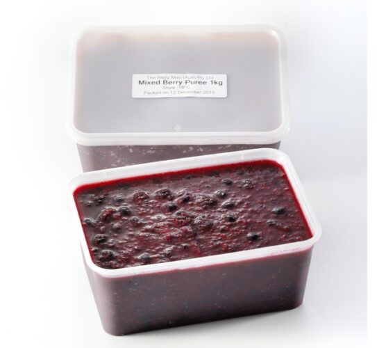 This image is showing 2 translucent boxes of mixed berry puree