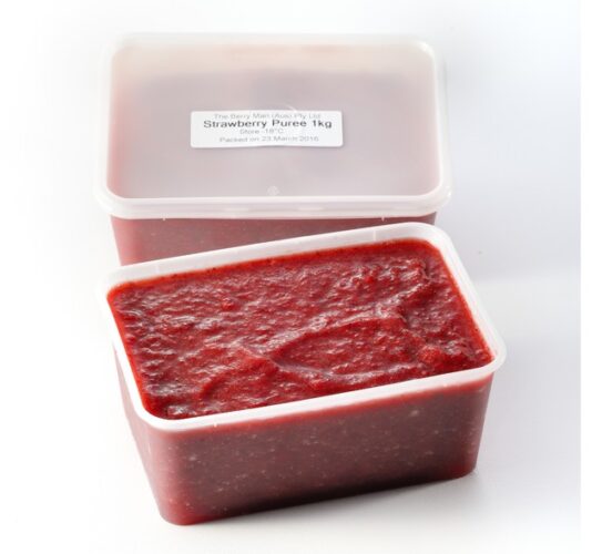 This image is showing 2 translucent boxes of strawberry puree