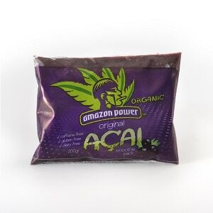 The image is showing a purple packet labelled with Amazon power-ACAI PORTION W/ GUARANA